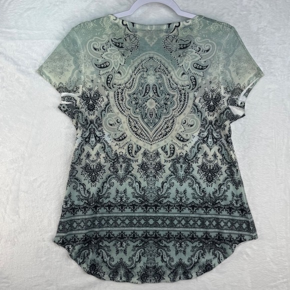 World Unity Womens Sage Green Navy Paisley Scoop Neck Rhinestone Knit Top Medium - Picture 6 of 7